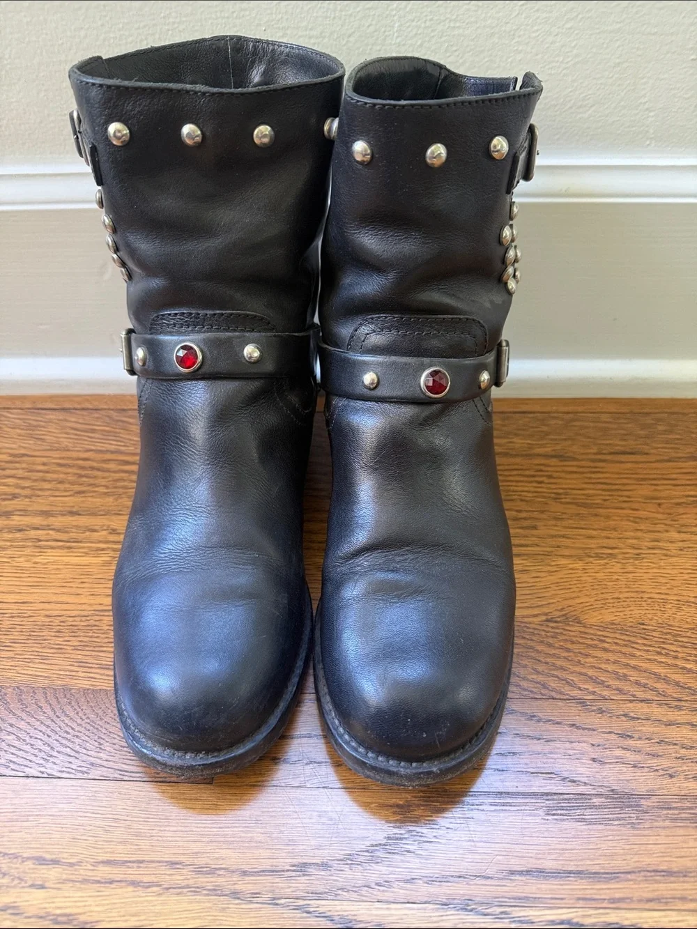 Ralph Lauren Black Studded Leather Biker Boots with Red Accent